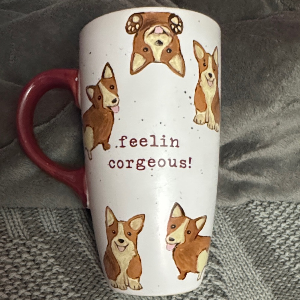 Feelin' Corgeous! White Ceramic Corgi Mug with Red Handle